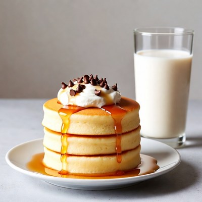 Fluffy Pancakes with Whipped Cream and Milk