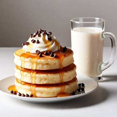 Stack of Pancakes with Whipped Cream and Milk