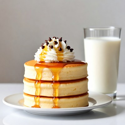 Fluffy Pancakes with Whipped Cream and Milk