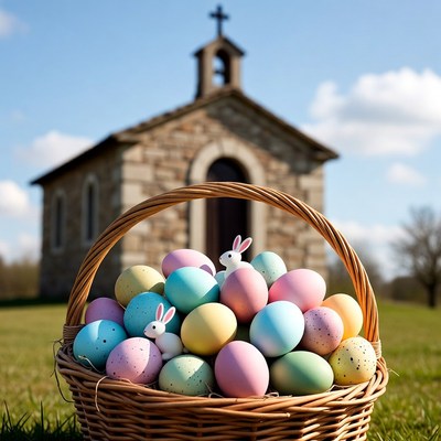 Easter Basket with Eggs and Church