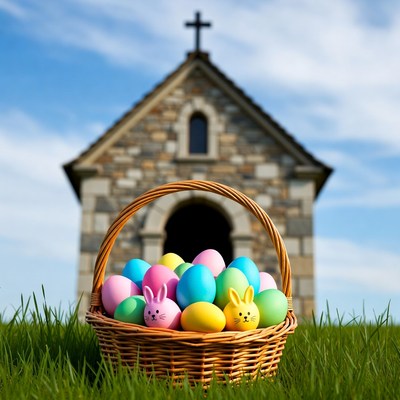 Easter Basket with Eggs and Church