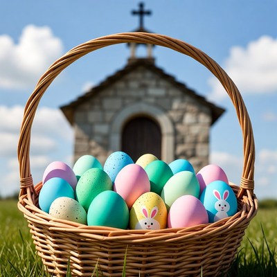 Easter basket with colored eggs and chapel