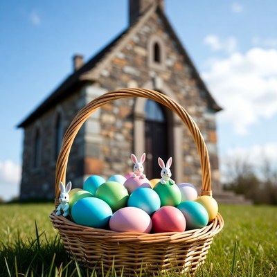 Easter Basket with Bunny Figurines and Church