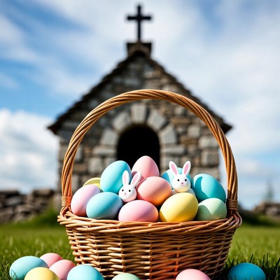 Easter Basket with Eggs and Church