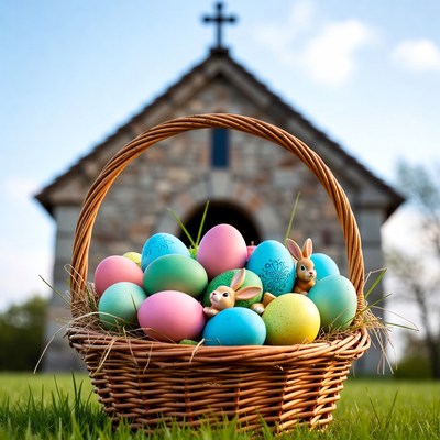 Easter Basket with Eggs and Bunnies