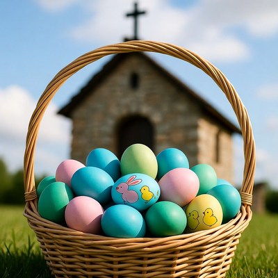 Easter Basket with Colored Eggs and Church