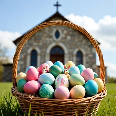 Easter Basket with Eggs and Church