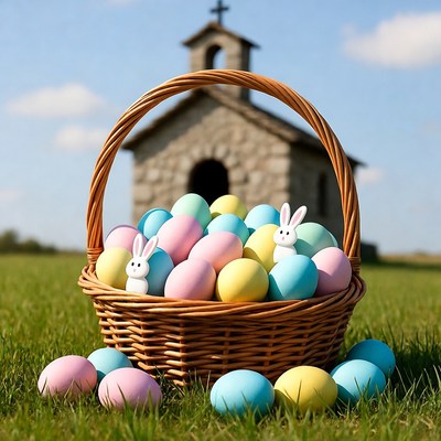 Easter Basket with Eggs and Church