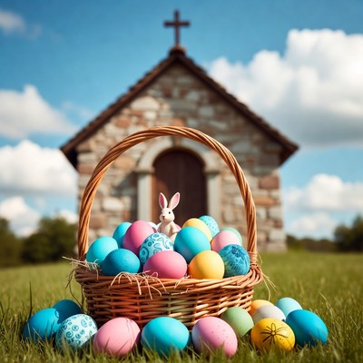 Easter Basket with Eggs and Church