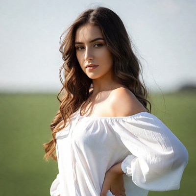 Young woman in white off-shoulder top in field