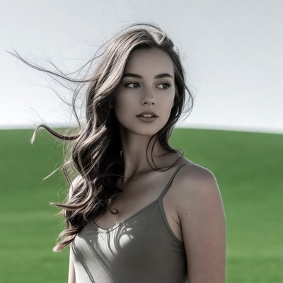 Woman with flowing hair in green field