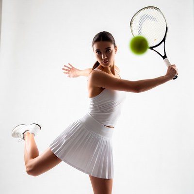 Woman hitting tennis ball with racket