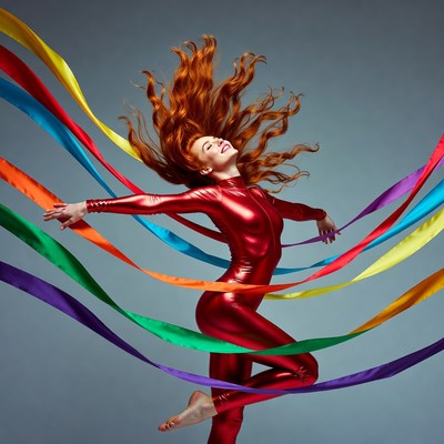 Redhead woman dancing with colorful ribbons
