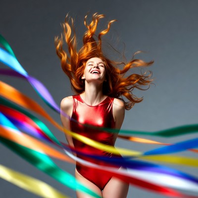 Redhead woman dancing with colorful ribbons