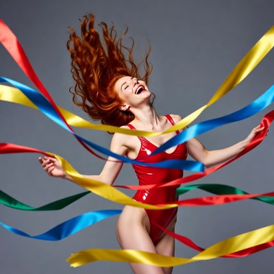 Redhead woman dancing with colorful ribbons