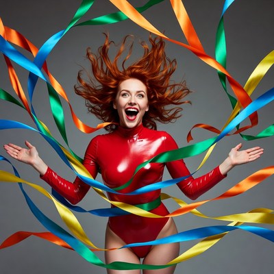 Redhead woman in red bodysuit with colorful ribbons