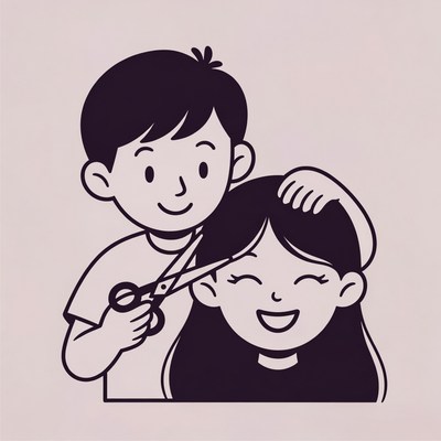 Boy cutting girl's hair illustration