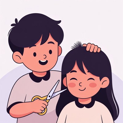 Boy cutting girl's hair illustration