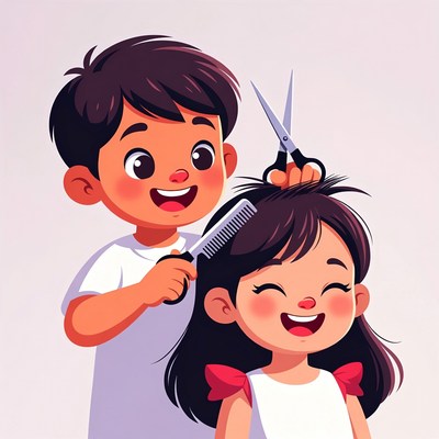 Boy cutting girl's hair with scissors