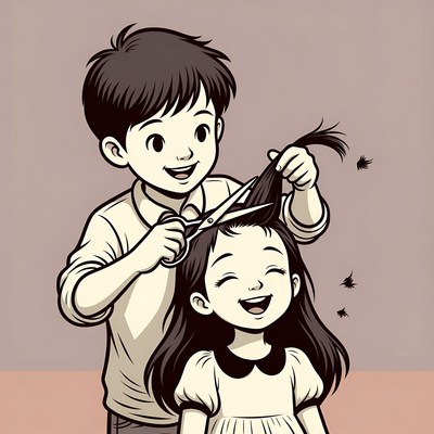 Boy cutting girl's hair illustration