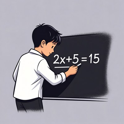 Boy solving 2x+5=15 on blackboard