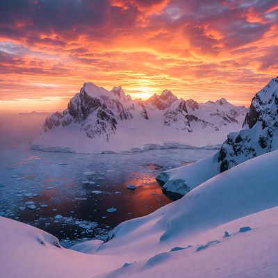 Sunset over Snowy Antarctic Mountains