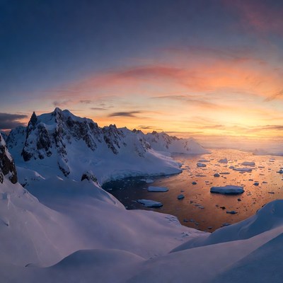 Antarctic Mountains at Sunset with Icebergs