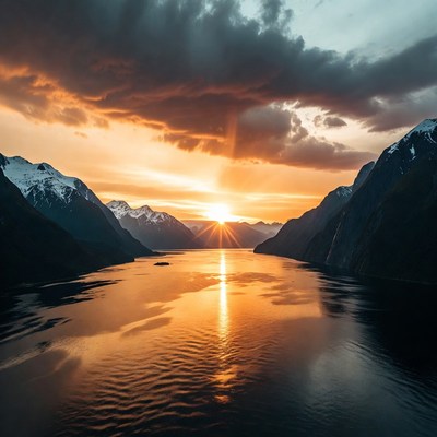 Sunset over snowy mountains and fjord