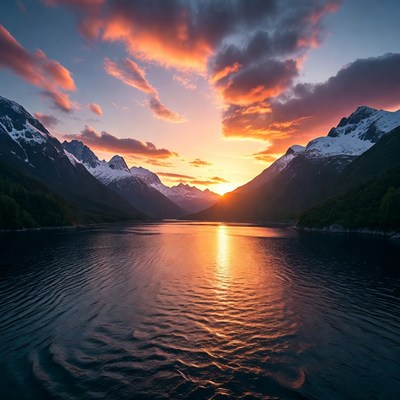 Sunset over snowy mountains and lake