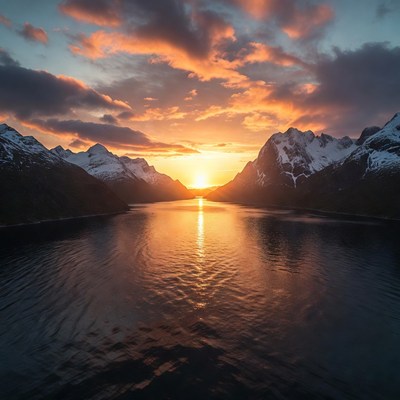 Sunset over snowy mountains and fjord