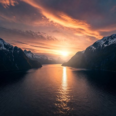 Sunset over snowy mountains and fjord