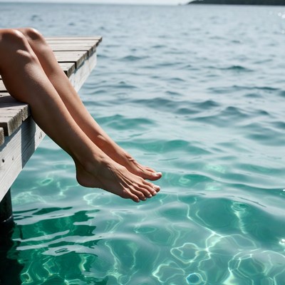 Woman's legs dangling over dock