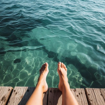 Feet dangling over turquoise ocean dock