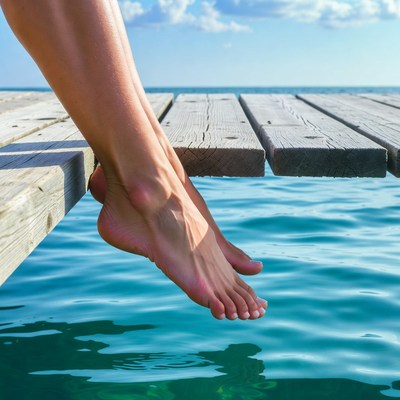 Woman's feet dangling over pier