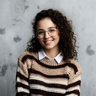 Smiling girl with curly hair and glasses