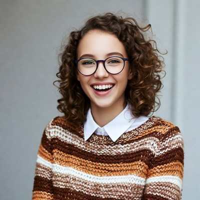Smiling young woman with curly hair and glasses