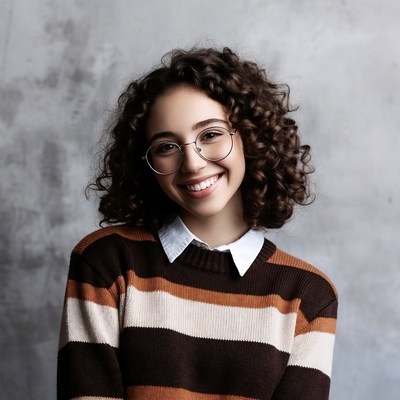 Smiling woman with curly hair and glasses