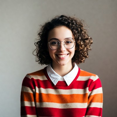 Smiling woman with curly hair and glasses