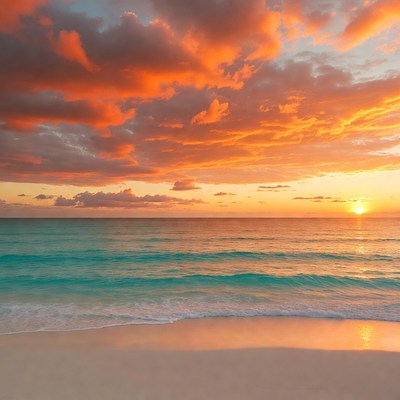 Sunset over turquoise ocean beach