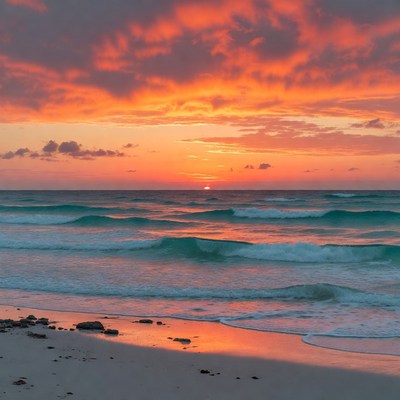 Sunset over turquoise ocean waves