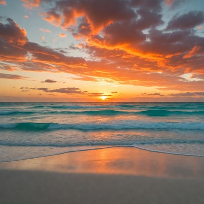 Sunset over turquoise ocean waves
