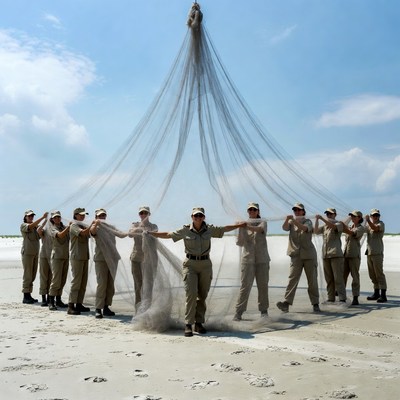 Group holding large fishing net on beach