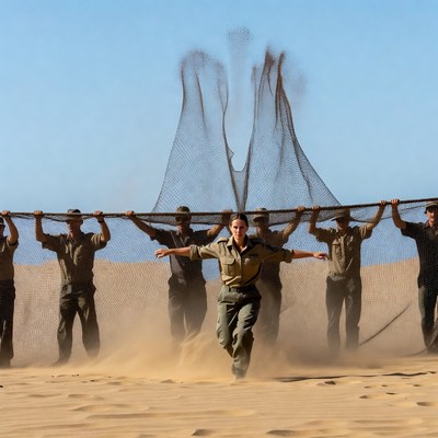Woman and men lifting net in desert