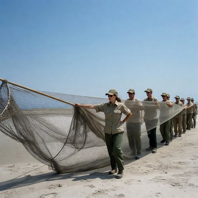 Group holding large net on beach