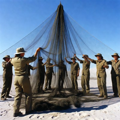 Men holding fishing net on beach