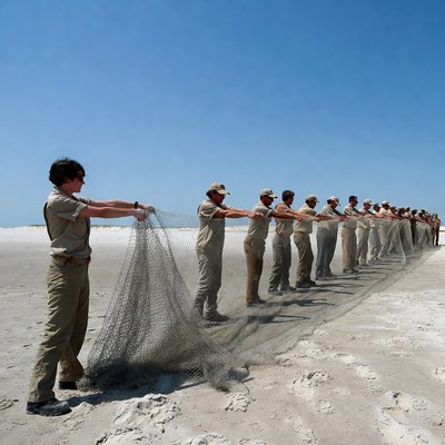 Men pulling fishing net on beach