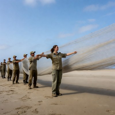 Rangers pulling large net on beach