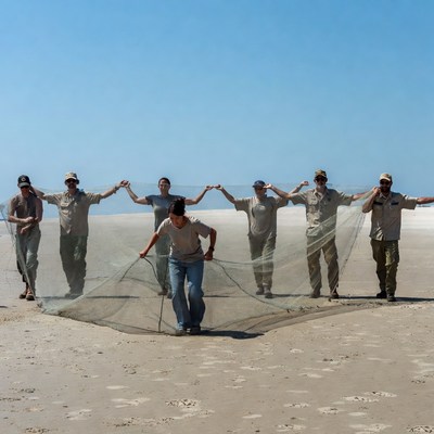 Group fishing with net on beach