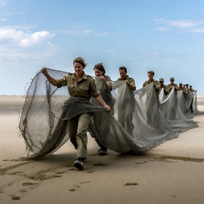 Group pulling fishing net on beach