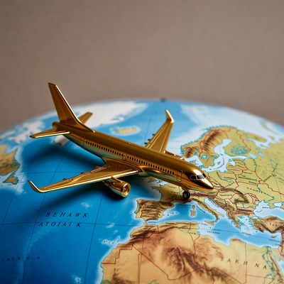 Golden Airplane Model on Globe